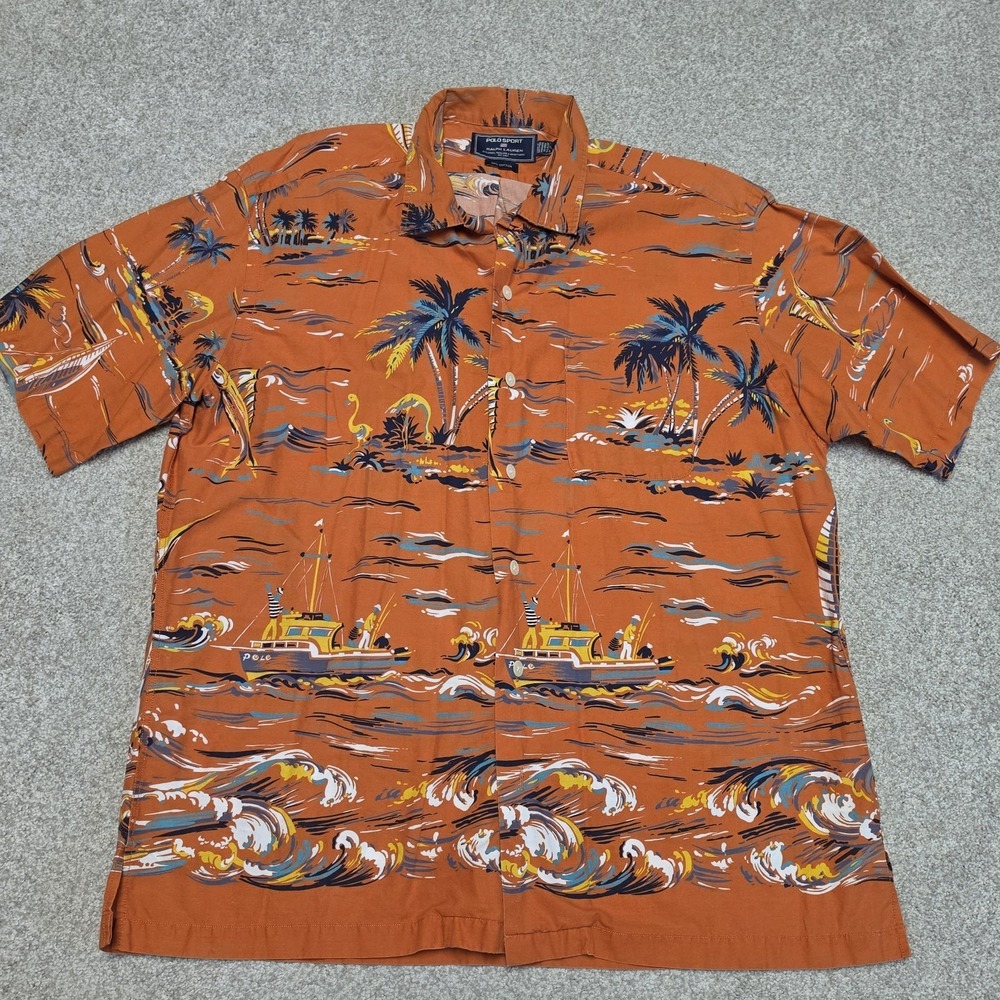 POLO SPORT RALPH LAUREN Orange Hawaiian Marlin Fishing Print Button Shirt Sz XL‎